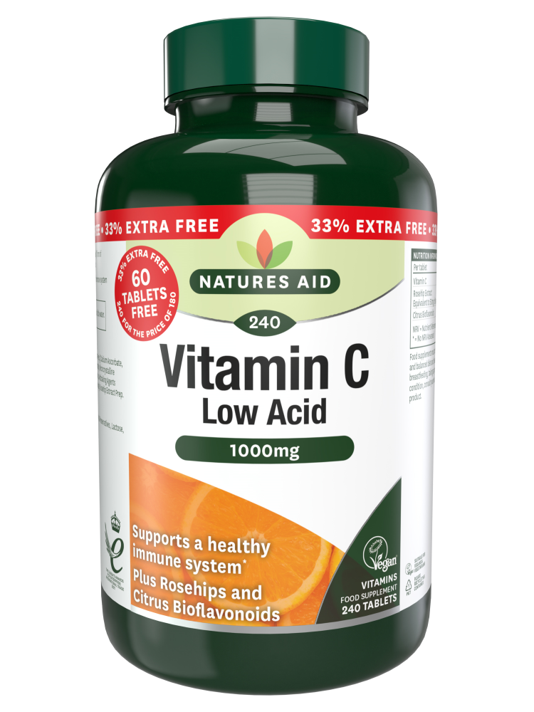 Natures Aid Vitamin C Low Acid 1000mg 240 Tabs (180+60 FREE)