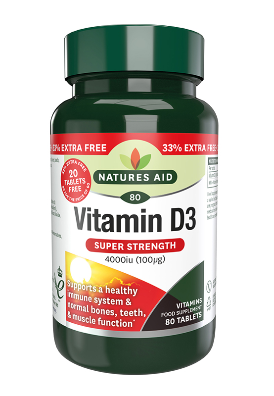 Natures Aid Vitamin D3 4000iu 80 Tabs - 33% Extra Free (60 tabs + 20 Free)